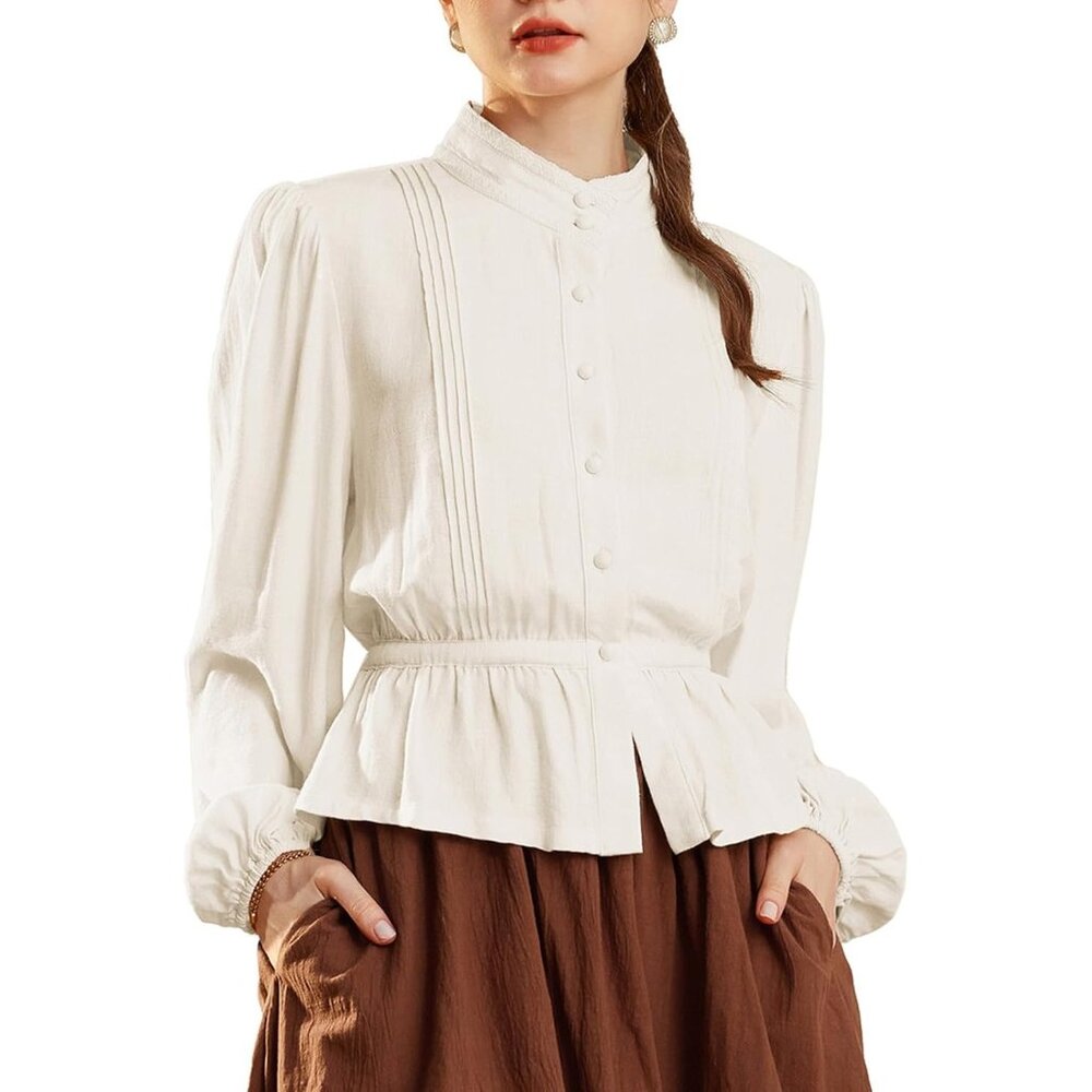 Women's Victorian Blouse Long Sleeve Stand Collar Shirt Button Down Peplum Tops